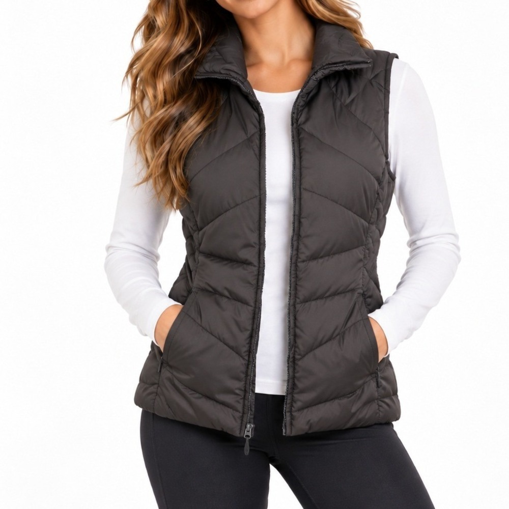 Kenneth Cole Reaction Womens Taupe Brown Chevron Quilted Down Puffer Vest Large
